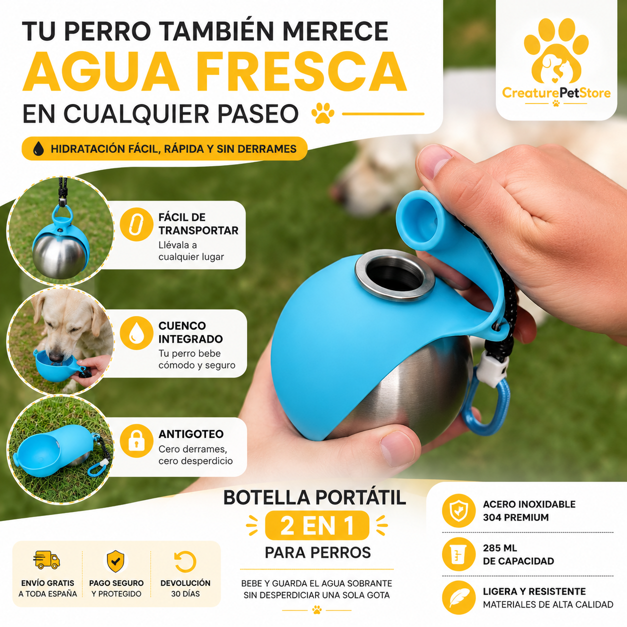 HydroBall™ | Botella de Agua Portátil para Perros y Gatos